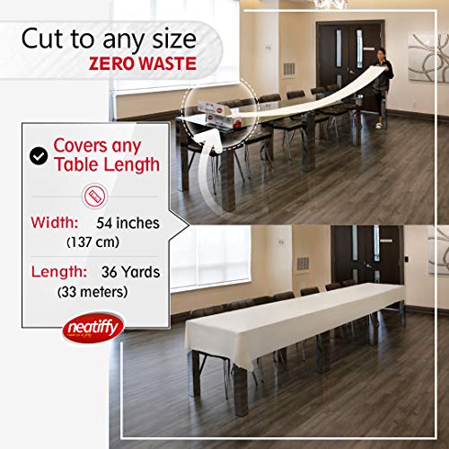 Neatiffy Disposable Plastic Table Cloth Roll | 54 in x 108 Ft Waterproof Tablecloth | Table Cover for Rectangle, Square, Round Oval Tables | Picnic, Party, Banquet, Birthdays, Weddings - White - color: White