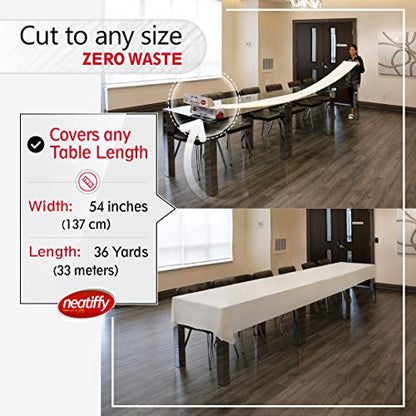 Neatiffy Disposable Plastic Table Cloth Roll | 54 in x 108 Ft Waterproof Tablecloth | Table Cover for Rectangle, Square, Round Oval Tables | Picnic, Party, Banquet, Birthdays, Weddings - White - color: White