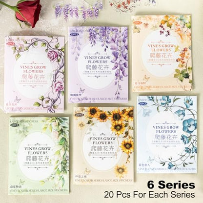 120 Pcs Floral Vine PET Stickers for Scrapbooking | Large cascading botanical designs for journaling, junk journals, collage, planners, card making, and DIY crafts - color: Climbing Blooms