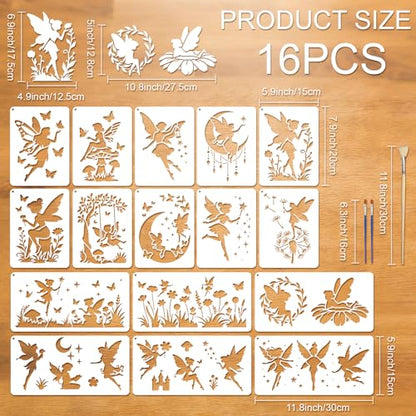 16pcs Fairy Stencils for Painting Stencils for Crafts Reusable | Butterfly Moon Flower Drawing Stencil Painting on Wood Wall Fabric Furniture Card Canvas Paper Scrapbook Photo Album - style: Fairy