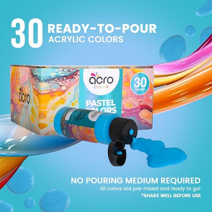 Acrylic Pouring Paint Set | 30 Vibrant Colors Including An Array Of Metallic, Neon & Pastel Paints | Pre Mixed, Ready to Use, High Flow Paint For Canvas, Paper, and More | 2 Ounces Per bottle (Pastel - style: Pastel - 30 Color