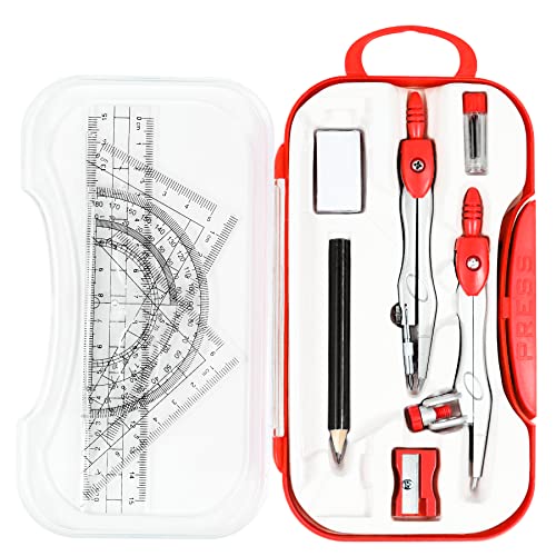 Vobou 10 pcs Math Geometry Set Student Supplies,Compass Kit Set (Red） | Shatterproof Storage Box,Rulers,Protractor,Compass,Eraser,Pencil Sharpener,Lead Refills,Pencil,for School and Drawing - color: Red1