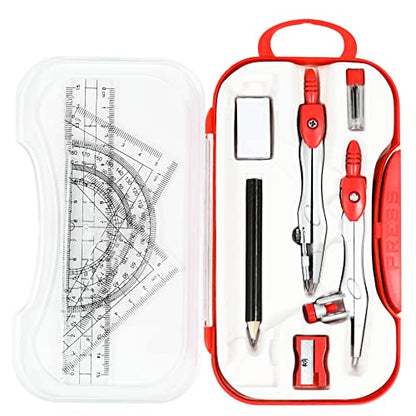 Vobou 10 pcs Math Geometry Set Student Supplies,Compass Kit Set (Red） | Shatterproof Storage Box,Rulers,Protractor,Compass,Eraser,Pencil Sharpener,Lead Refills,Pencil,for School and Drawing - color: Red1