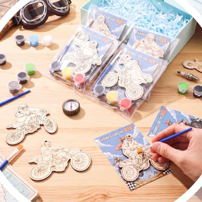 Saypacck 24 Pcs Dirt Bike Party Favors Wooden Paint Craft Kits | 12 Motocross Wood Pieces with Paint Palettes, Organza Bags Included, Ideal for Goodie Bag Fillers and Thank You Gifts - style: Dirt Bike