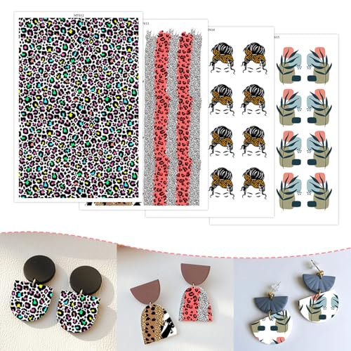 20 Sheets Clay Transfer Paper for Earrings & Polymer Clay, 4 Designs Water Transfer Paper for Polymer Clay Jewelry Necklaces Pendants DIY Craft Supplies Zebra Leopard Leaf Female Hair Styling Pattern - color: 4 Designs
