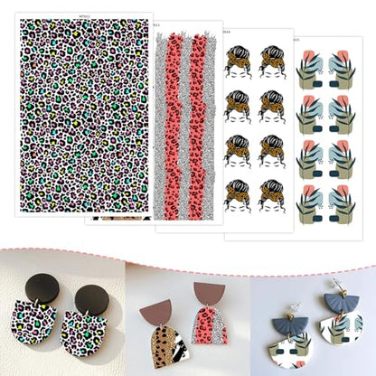 20 Sheets Clay Transfer Paper for Earrings & Polymer Clay, 4 Designs Water Transfer Paper for Polymer Clay Jewelry Necklaces Pendants DIY Craft Supplies Zebra Leopard Leaf Female Hair Styling Pattern - color: 4 Designs