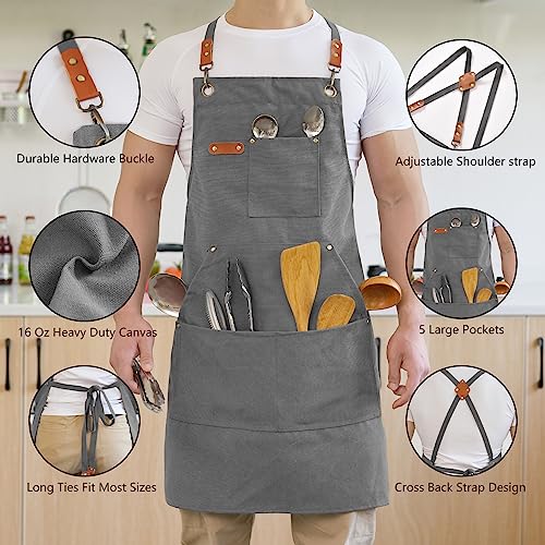 Aoomzoon Canvas Aprons for Men Chef Apron, Work Apron with Large Pockets - 16oz Heavy Duty Cross Back, BBQ, Cooking - color: Gray