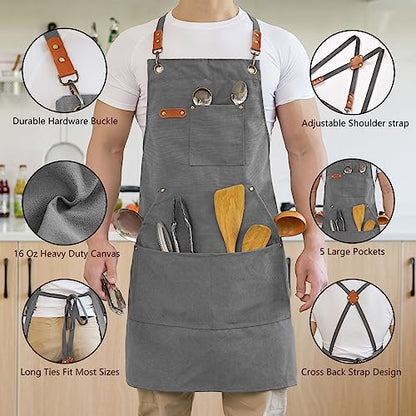 Aoomzoon Canvas Aprons for Men Chef Apron, Work Apron with Large Pockets - 16oz Heavy Duty Cross Back, BBQ, Cooking - color: Gray