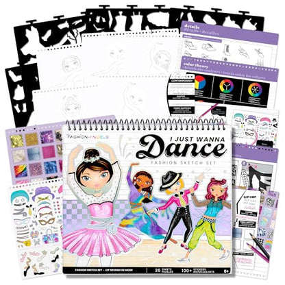 Fashion Angels I Just Wanna Dance Fashion Sketch Set | Create Dance-Themed Outfits with 35 Sketch Pages, 100+ Stickers & Stencils, Fun Craft Kit for Kids - color: I Just Wanna Dance
