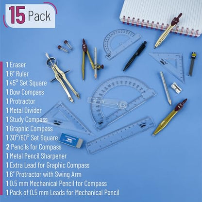Mr. Pen- Geometry Set, 15 pcs, Gold, 6 Inch Swing Arm Protractor, Divider - color: Gold