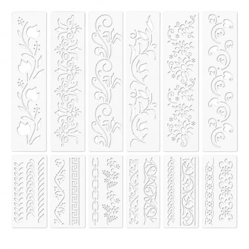 12 Pack Border Stencils Set for Painting on Wood Walls, Reusable Floral Boho Pattern Stencil for Art Crafts, Spray Paint Template for Wallpaper Floor Canvas, Acrylic Painting on Floors Fabric