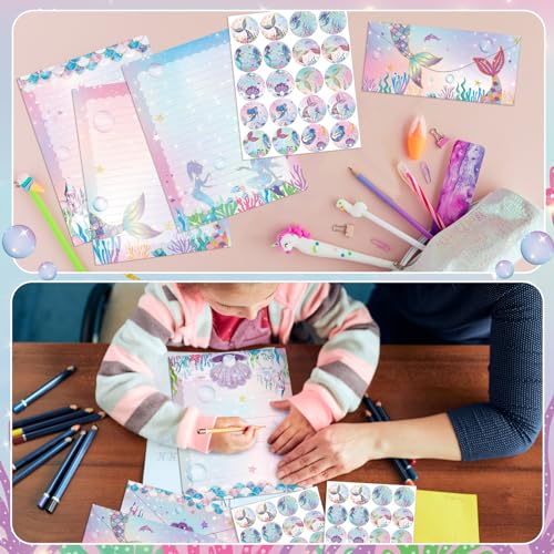 TaoBary 160 Pcs Stationery Paper Set 50 Double Sided Stationery Papers with 50 Matching Envelopes and 60 Round Dot Sticker, 10 Design(Mermaid,8.5 x 11 Inch) - size: 8.5 x 11 Inch, style: Mermaid