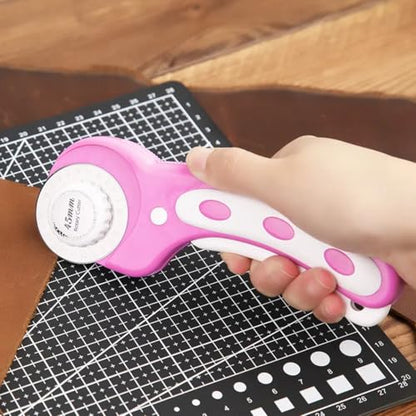 45mm Rotary Cutter with 5pcs Extra Blades, Ergonomic Handle Rolling Cutter with Safety Lock for Fabric, Leather, Crafting, Sewing, Quilting, Fabric Rotary Cutter Perfect for Left & Right Hand (Pink) - color: Pink