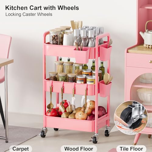 3 Tier Rolling Cart with Wheels, Metal Utility Storage Cart on Wheels, Craft Carts Organizer with Hanging Cups, Hooks, Three Tiered Rolling Carts for Bathroom, Laundry Room, Nursery, Office, Pink - color: Pink