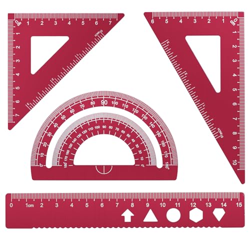MSDADA Triangle Ruler, Protractor, Square and Ruler Set, 4 Pieces Aluminum Alloy Ruler, Metal Drafting Ruler Kit, Geometric Protractor for Student, School, Home, Office (Red, 15cm/5.9inch) - color: Red, size: 15cm