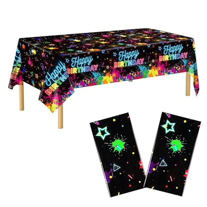 Kochorie 2 Pack Glow in the Dark Birthday Tablecloth 54 x 108 Inch Neon Disposable Plastic Table Cover Graffiti Paint Glow Table Cloths for Black Light Party, Let's Glow Birthday Decorations - style: Glow in the Dark Birthday
