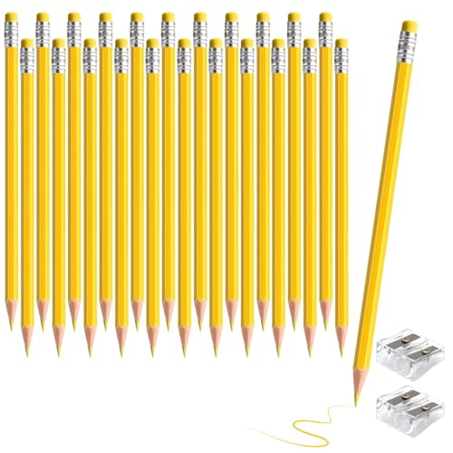 24PCS Erasable Colored Pencils with Eraser Pre Sharpened Pencil 2 HB - Ideal for Checking, Grading, Tests & Office/School Supplies (Yellow) - color: yellow