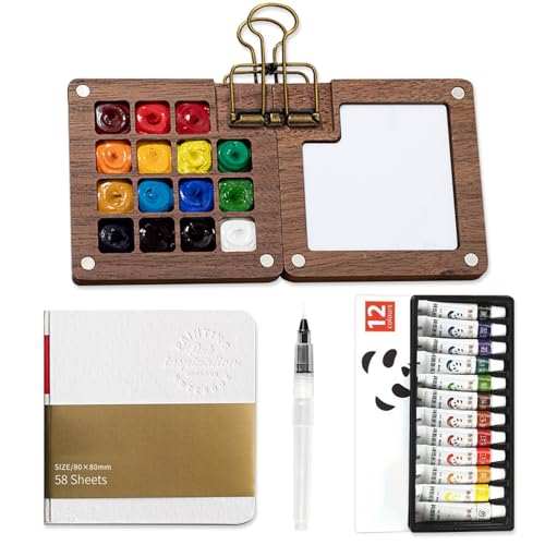 Mini Watercolor Paint Set Pocket Artist Watercolor Travel Set with Mini Paint Palette,Brushes, 12 Colors, Watercolor Sketchbook for Artists Painters Students(Wood) - size: 15 Grids
