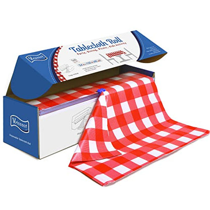 Plastic Table Cover Roll Disposable Red Checkered Tablecloth: 54in X 120ft Table Covers Plastic Table Cover Roll with Easy Slide Cutter Plastic Table Cloths for Parties Disposable - color: Red Checkered, size: 1440" x 54" (Rectangular)