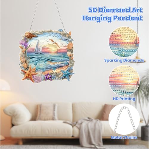 MOGTAA Beach Diamond Art Hanging Kits for Adults, DIY Double Sided Sunset Diamond Art Suncatchers, 5D Special Shape Diamond Painting Pendant Window Ornament Gifts for Home Wall Door Decor - color: Beach-01