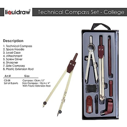 Liquidraw Technical Drawing Professional Set - 8 Piece | Includes Metal Compass With Spring Bow Head Dividers | Ideal Maths Drafting, Geometry Tools for School, Engineering, Architecture & Woodworking
