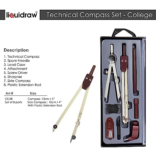 Liquidraw Technical Drawing Professional Set - 8 Piece | Includes Metal Compass With Spring Bow Head Dividers | Ideal Maths Drafting, Geometry Tools for School, Engineering, Architecture & Woodworking