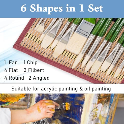 Falling in Art 15 Pcs Professional Oil Paint Brush Set, Natural Hog Bristle - color: Green
