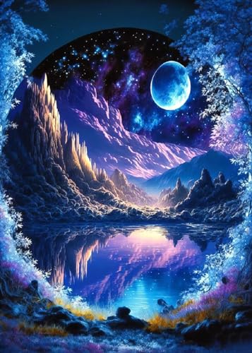 KINPLUB 5D Diamond Painting Kits for Adults, Blue Moon Landscape Diamond Art Kits for Beginners, DIY Full Round Drill Dream Night Paint with Diamond Pictures Gem Art, Home Wall Decor 12 x 16 Inch - color: Landscape-A