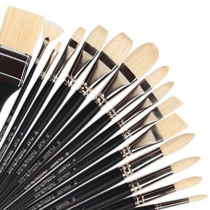 Falling in Art 15 Pcs Professional Oil Paint Brush Set, Natural Hog Bristle - color: Black
