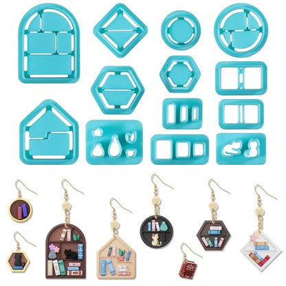 ORIGACH 13 Pcs Mini Bookshelf Polymer Clay Cutters Set | Book Vase Frame Design Clay Cutters for Polymer Clay Jewelry Earrings with a Clear Storage Box - style: Bookshelf