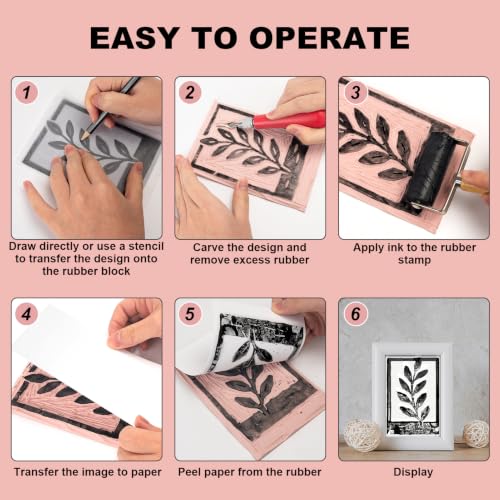 Rubber Linoleum Blocks for Printmaking, 6pcs Linocut Blocks with 8 Stencils and 10 Transfer Papers, Linocut Kit for Printing and Stamp Making DIY Art Craft