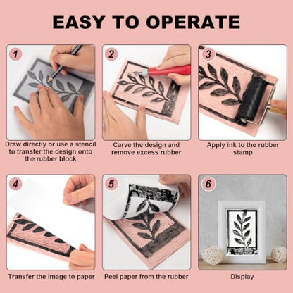 Rubber Linoleum Blocks for Printmaking, 6pcs Linocut Blocks with 8 Stencils and 10 Transfer Papers, Linocut Kit for Printing and Stamp Making DIY Art Craft