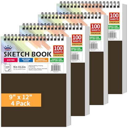WINNER 9" x 12" Sketch Book 4 Pack, 400 Sheets Spiral Bound Art Sketchbook, 68lb/100gsm White Acid Free Drawing Pad, Sketching Drawing Writing Sketch Pad for Kids, Adults & Artists, Art Supplies - color: Brown, size: 9"x12"