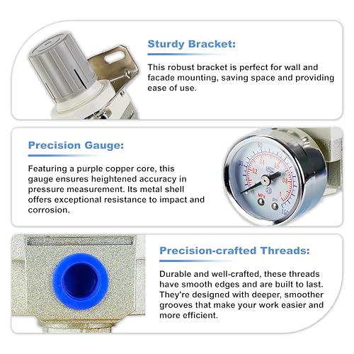 Air Pressure Regulator with 1/4" Port, Air Compressor Regulator with 0-150 PSI Precision Gauge and Bracket, Perfect for Compressed Air System, AR2000-02