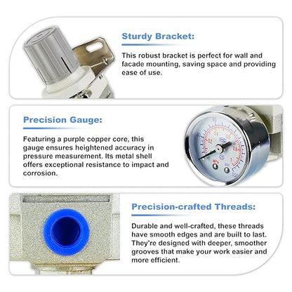 Air Pressure Regulator with 1/4" Port, Air Compressor Regulator with 0-150 PSI Precision Gauge and Bracket, Perfect for Compressed Air System, AR2000-02