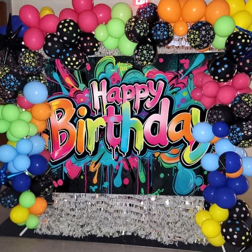INRUI Colorful Graffiti Happy Birthday Photography Backdrop 8x6FT | Vibrant Drip Graffiti Birthday Art, Lightweight Vinyl, Retro/Hip-hop/Birthday Party Photo Backdrop, Easy Hang & Wipe Clean - size: 8x6FT