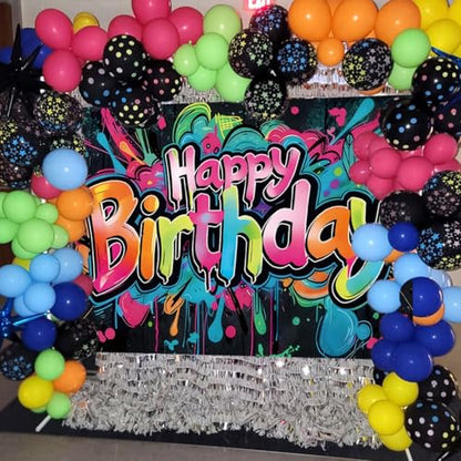INRUI Colorful Graffiti Happy Birthday Photography Backdrop 8x6FT | Vibrant Drip Graffiti Birthday Art, Lightweight Vinyl, Retro/Hip-hop/Birthday Party Photo Backdrop, Easy Hang & Wipe Clean - size: 8x6FT