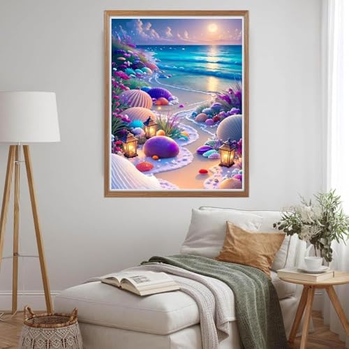 MOMDEDP Beach Diamond Painting Kits for Adults, 5D Seashell Diamond Art Kits for Beginners, DIY Full Round Drill Seashell Paint by Diamonds, DIY 5D Gem Art Sun Perfect for Relax 12 x 16 Inch Sunshine