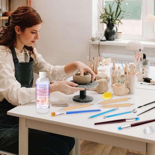 100ml Air Dry Clay Glaze and 29pcs Clay Tools Kit - Waterproof Scratch-Resistant Gloss Varnish Protects from Wear/Cracking, Pottery Tools for Stippling, Carving, Molding & Shaping Clay Crafts