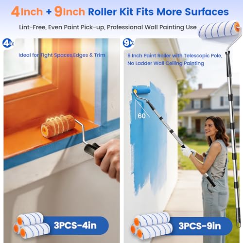 BOBEN 18PCS Paint Roller Set, Adjustable Pole 1-6ft, 4"/9" Roller Frames & Brushes – for Home, Ceiling, Wall Painting with All Paints & Stains