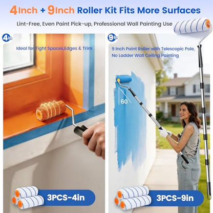 BOBEN 18PCS Paint Roller Set, Adjustable Pole 1-6ft, 4"/9" Roller Frames & Brushes – for Home, Ceiling, Wall Painting with All Paints & Stains