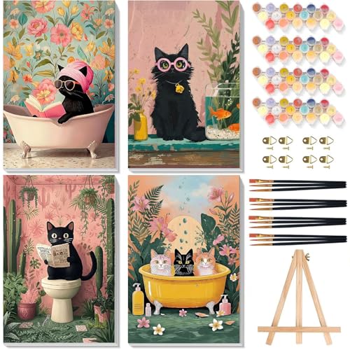 4 Pack Cat Paint by Numbers for Adults with Framed Canvas - Wooden Easel - color: BKH2309+BKH2310+BKH2311+BKH2312