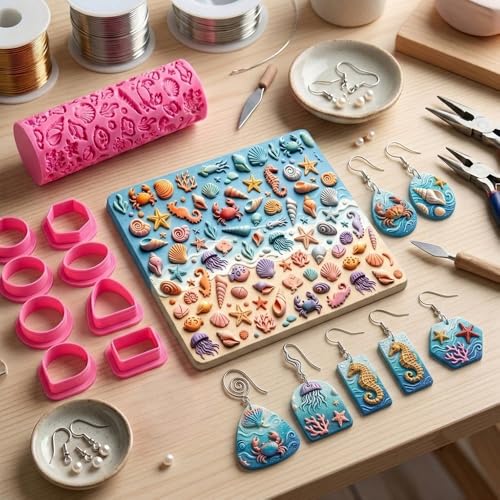 Summer Ocean Polymer Clay Texture Roller Underwater Oceanic Marine Life Jellyfish Coral Starfish Shell Texture Roller for Clay Geometric Polymer Clay Cutters Set Earring Jewelry Making Crafts Tools