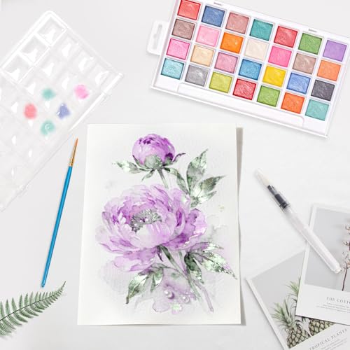 28 Metallic Colors Washable Watercolor Paint Set, with 3 Brushes Pen | watercolor palette, Non-toxic Water Color Paints Sets for Kids, Adults Artists Students Beginner,Travel Watercolor Set - color: 28 watercolor