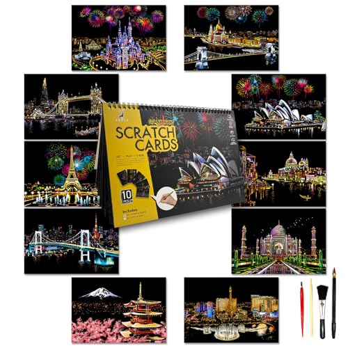 DESINIK Scratch Art Book for Adults and Teens-Rainbow Scratch Painting Art Kit, DIY Craft Kit with 1 Rainbow Scratch Art Book and 4 Tools, Landmark City Series - color: Landmark City Series
