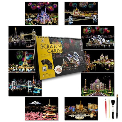 DESINIK Scratch Art Book for Adults and Teens-Rainbow Scratch Painting Art Kit, DIY Craft Kit with 1 Rainbow Scratch Art Book and 4 Tools, Landmark City Series - color: Landmark City Series