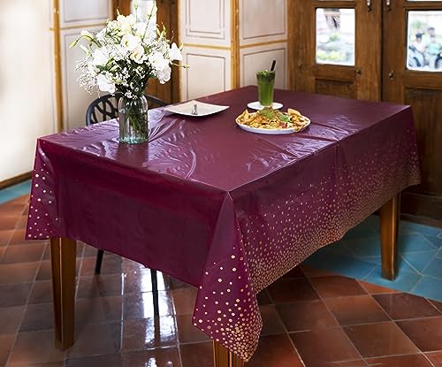 Neatiffy Disposable Plastic Table Cloth Roll with Slide Cutter | Waterproof Cover for Rectangle, Square, Oval Tables | Picnic, Party, Banquet, Birthdays, Weddings - Burgundy Gold Dots - color: Burgundy Gold Dots, size: 54 inches X 100 feet