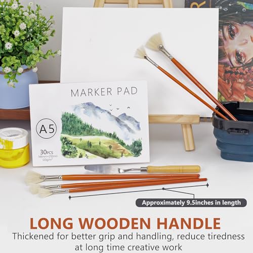 DUGATO Hog Hair Fan Paint Brush Set, 7-Piece Long Handle Brushes | Comfortable Wood Handle for Ceramic Pottery Glazing & Painting, Ideal for Acrylic & Oil, Smooth Blending & Texture Effects - size: 7pcs Fan Brushes