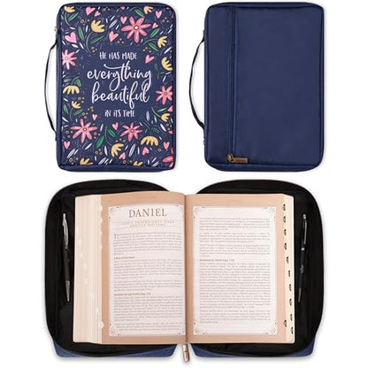 Christian Art Gifts Men/Women's Bible Cover Everything Beautiful Ecclesiastes 3:11, Blue Floral Canvas, Large - color: Blue/Everything Beautiful, size: Large