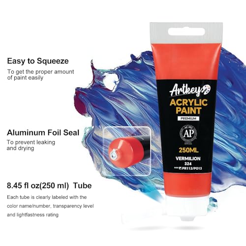 Artkey Acrylic Paint - Vermilion (250 ml/8.45 oz) Tubes, Rich & Vibrant Pigments, Professional Artists Acrylic Paints - Art Supplies for Canvas Wood Rock Clay Fabric Ceramics Art Crafts Painting - color: Vermilion, size: 8.45 Fl Oz (Pack of 1)